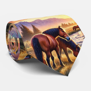 Wild Horses Grazing at Sunset Mens Neck Tie