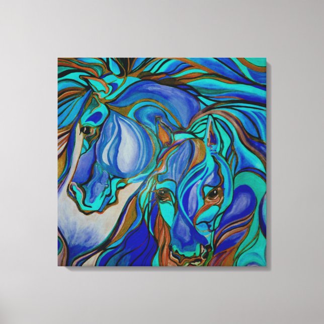 Wild Horses In Brown and Teal Canvas Print (Front)