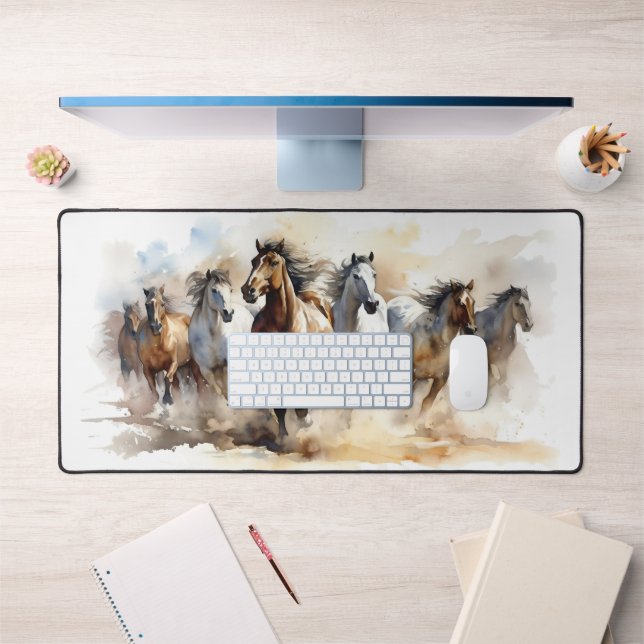 Wild Horses Mustangs Modern Equestrian Watercolor Desk Mat (Office 1)