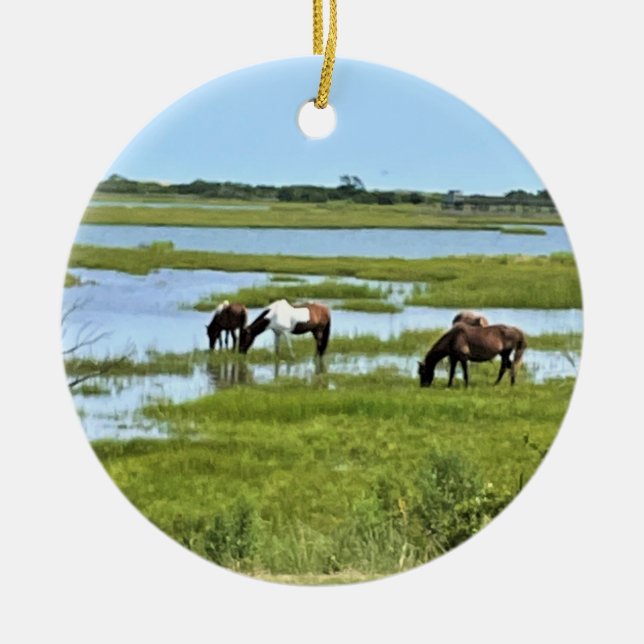 Wild Horses of Assateague Ceramic Tree Decoration (Front)