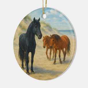 Wild Horses of Corolla North Carolina Watercolor Ceramic Tree Decoration