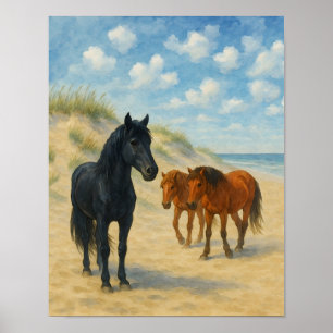 Wild Horses of Corolla North Carolina Watercolor Poster