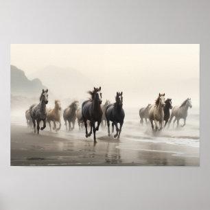 Wild horses on a foggy beach poster