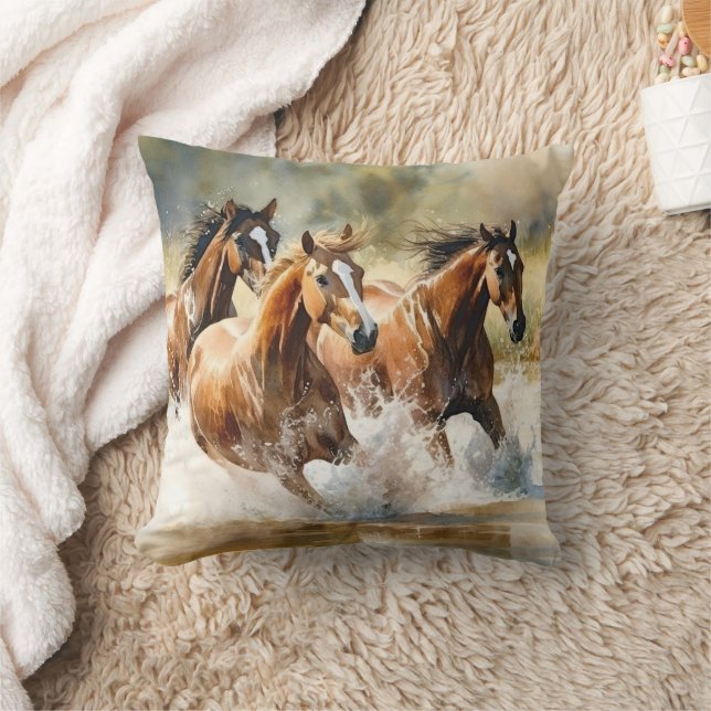 Wild Horses Running Brown Black Watercolor  Cushion (Blanket)