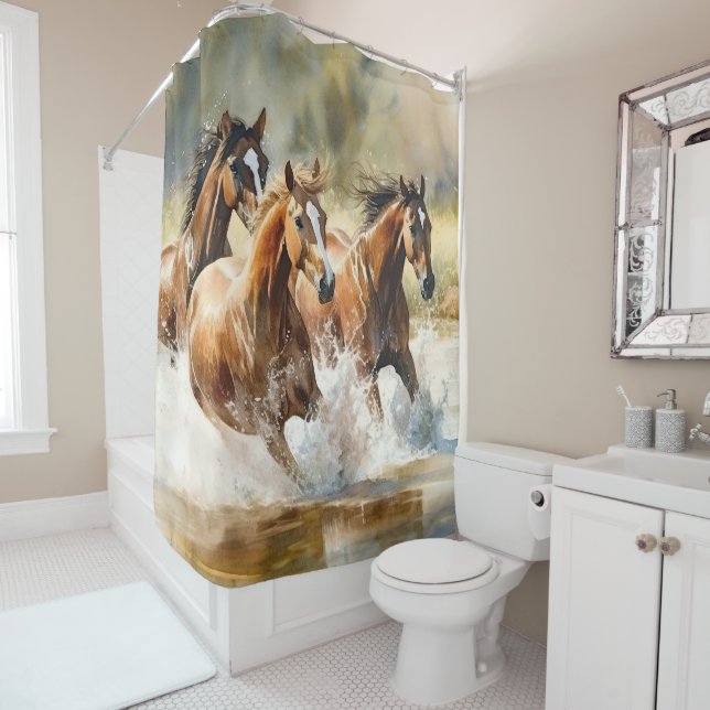 Wild Horses Running Brown Black Watercolor  Shower Curtain (In Situ)