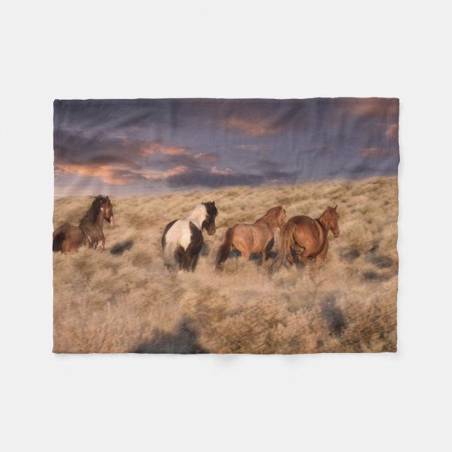 Wild Horses Running Fleece Blanket (Front (Horizontal))