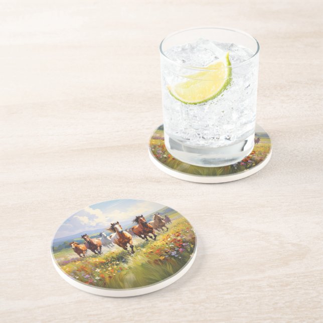 Wild Horses Running in a Wildflower Meadow Coaster (Side)