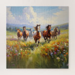 Wild Horses Running in a Wildflower Meadow Jigsaw Puzzle<br><div class="desc">Beautiful jigsaw puzzle for cowboys,  cowgirls and western art lovers,  a gorgeous painting of wild horses running in a grassy field of wildflowers.</div>