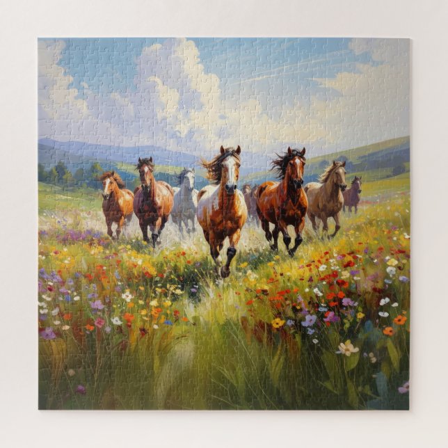 Wild Horses Running in a Wildflower Meadow Jigsaw Puzzle (Vertical)