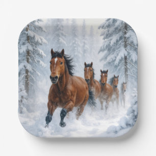 Wild Horses Running Through a Snowy Forest Paper Plate