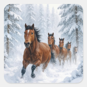 Wild Horses Running Through a Snowy Forest Square Sticker