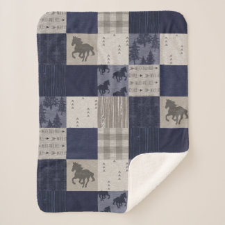 Wild Horses Sherpa Blanket - Navy/Beige