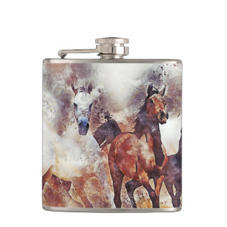 Wild Horses Watercolor Artwork Hip Flask