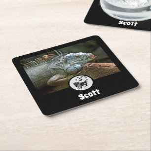 Wild Iguana Silhouette Name Tag Photo Square Paper Coaster