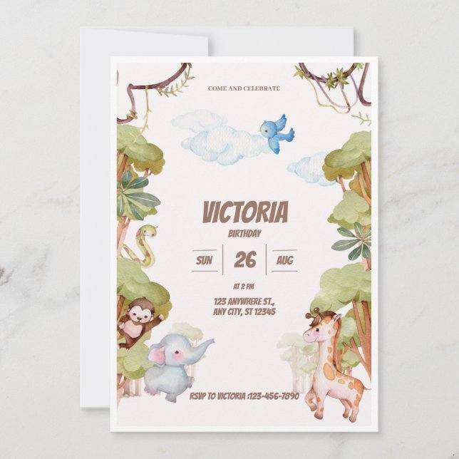Wild Jungle Adventure Green Watercolor Birthday Invitation (Front)