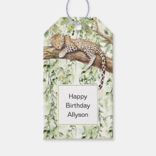 Wild Jungle Green Ivy Leopard Birthday Gift Tags