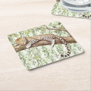 Wild Jungle Green Ivy Leopard Birthday Square Paper Coaster