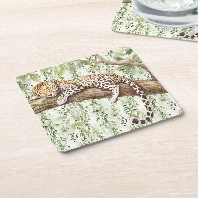 Wild Jungle Green Ivy Leopard Birthday Square Paper Coaster (Angled)