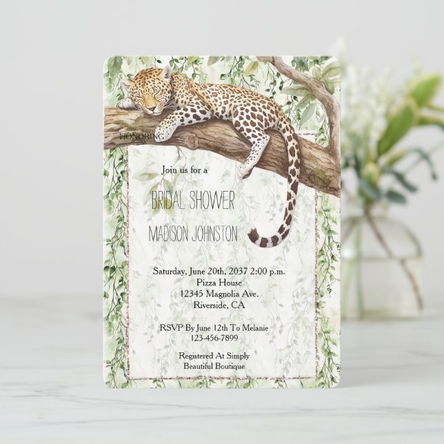 Wild Jungle Green Ivy Leopard Bridal Shower Invitation (Standing Front)