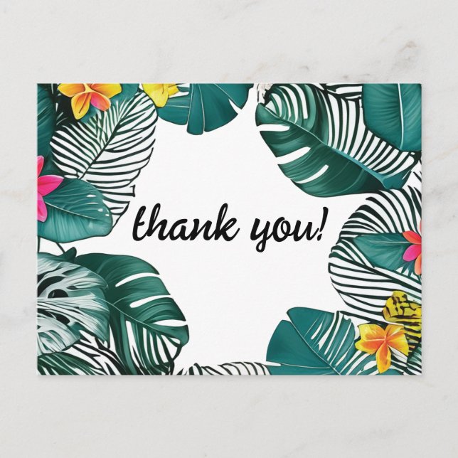 Wild Jungle Leaves Pink Yellow Hibiscus Flowers Postcard (Front)