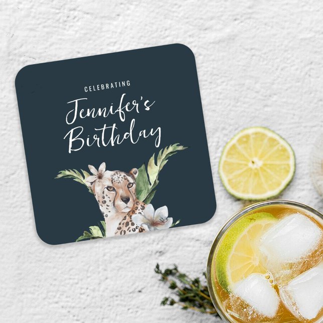 Wild Jungle Leopard Adult Birthday Party  Square Paper Coaster (Creator Uploaded)