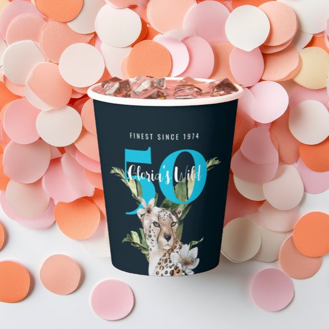 Wild Jungle Leopard Blue 50th Birthday Funny  Paper Cups (Creator Uploaded)