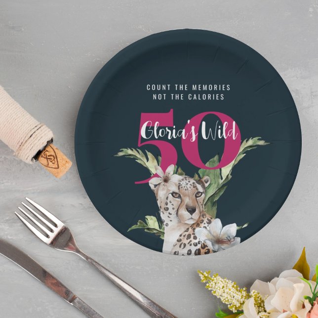 Wild Jungle Leopard Pink 50th Birthday Funny Paper Plate (Creator Uploaded)
