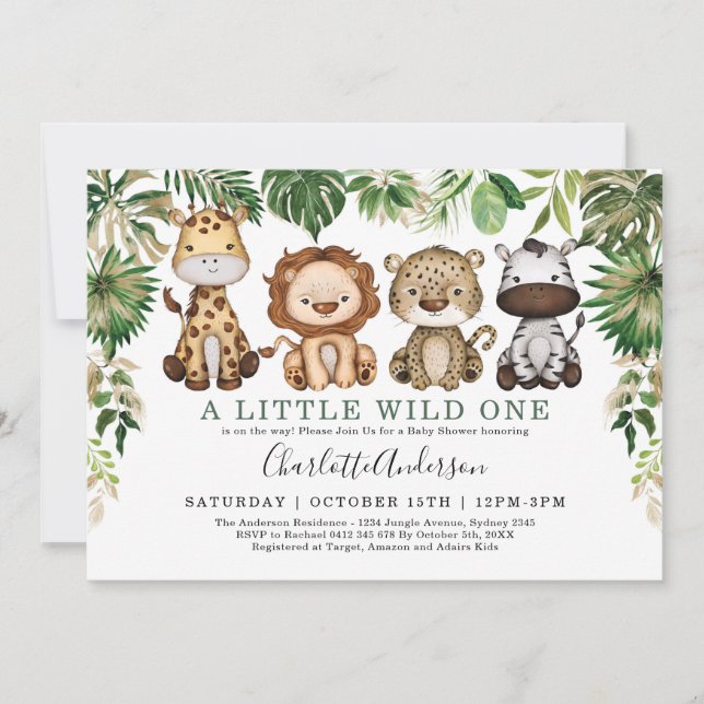 Wild Jungle Safari Animals Greenery Baby Shower Invitation (Front)