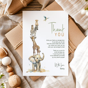 Wild Jungle Safari Animals Vertical Kids Birthday Thank You Card