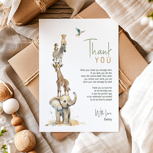 Wild Jungle Safari Animals Vertical Kids Birthday Thank You Card (Creator Uploaded)