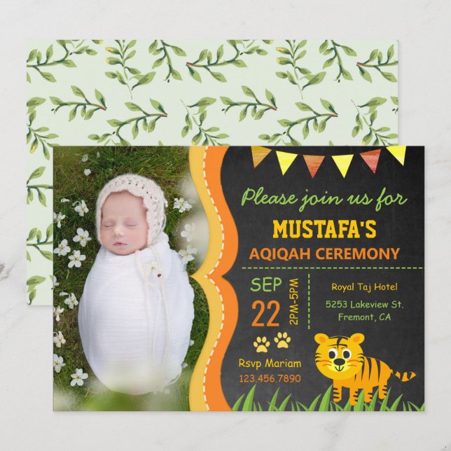 Wild Jungle Safari Baby Tiger Aqiqah Photo Invitation (Front/Back)