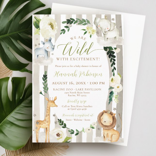 Wild Jungle Wreath Safari Animals Boy Baby Shower Invitation (Cute neutral green and brown watercolor safari animals wild floral wreath baby boy shower invitation)