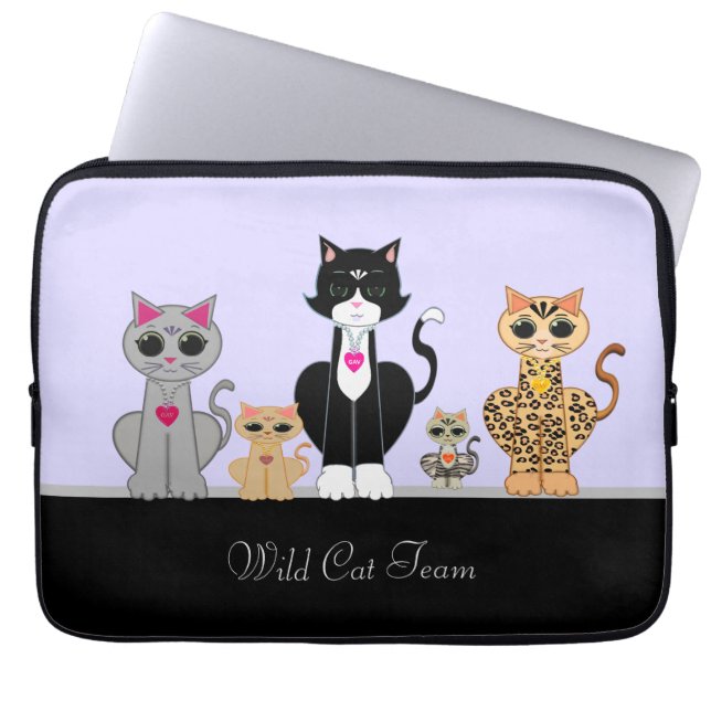 Wild Kitty Cat Team on Light Periwinkle & Black Laptop Sleeve (Front)