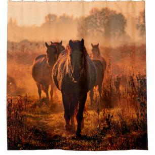 wild konik horses wich came running straight towar shower curtain