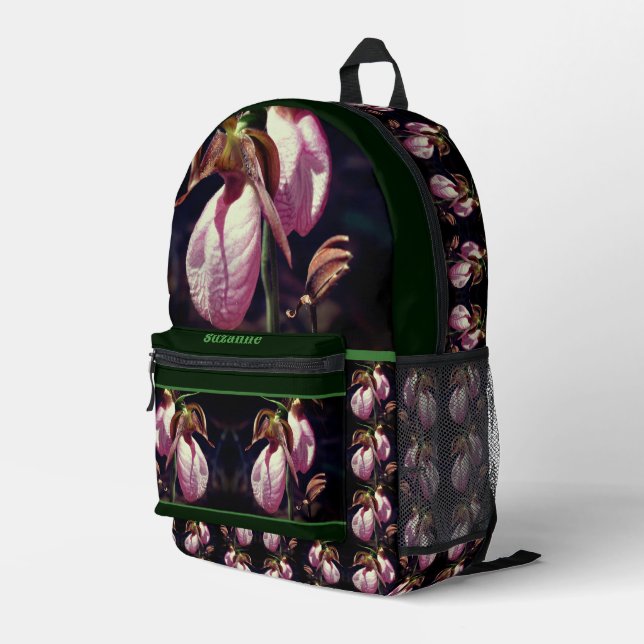 Wild Lady Slipper Orchid Flowers Personalised Printed Backpack (Back Corner Right)