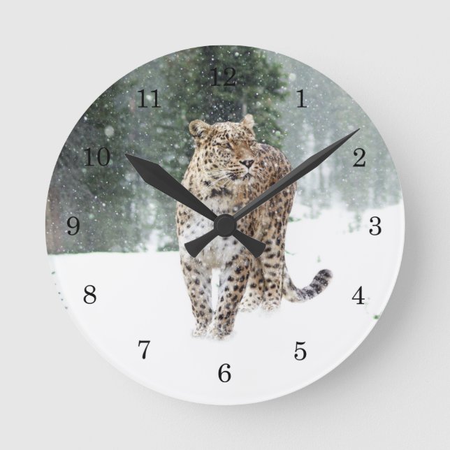 Wild Leopard in Snow Round Clock (Front)