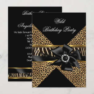 Wild Leopard Zebra Black Bow Gold Birthday Party Invitation