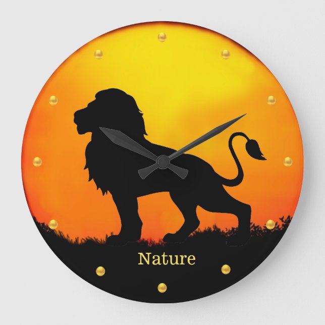 Wild lion, golden dots & sunrise on a jungle large clock (Front)