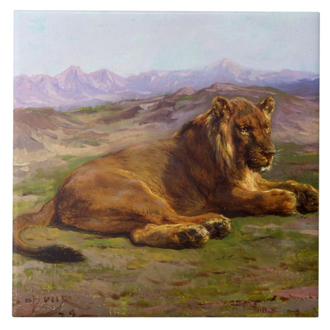 Wild Lion in an African Safari Landscape Tile (Front)