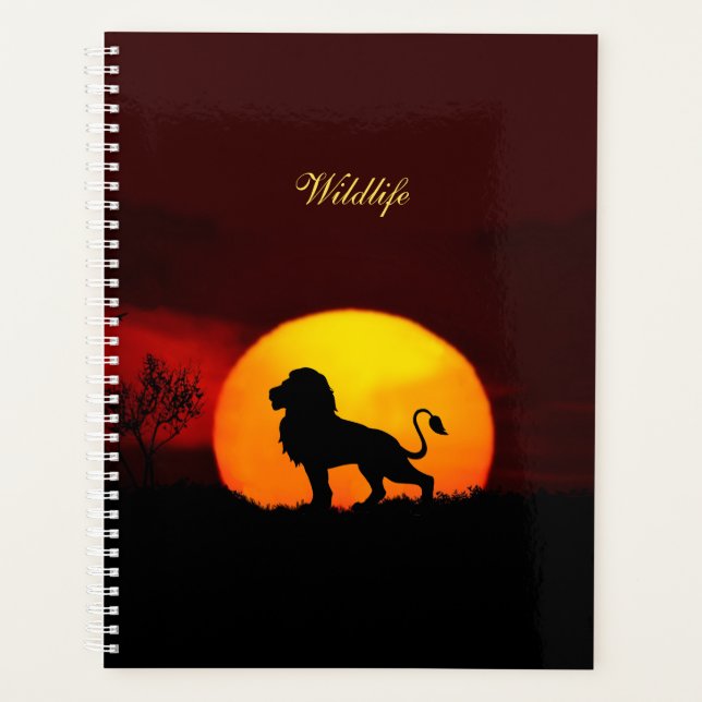 Wild lion, sunrise & calligraphy on a jungle planner (Front)