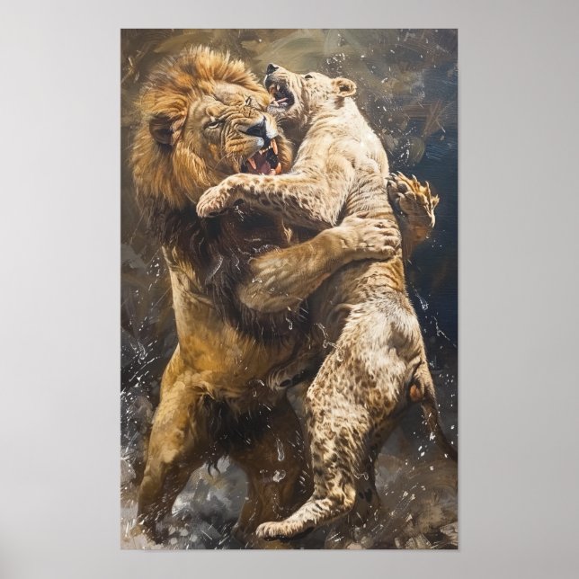 Wild Lion Wrestling Bear Poster (Front)