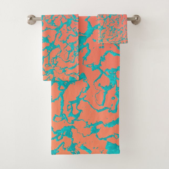 Wild Marble 6 - Living Coral and Turquoise Bath Towel Set (Insitu)