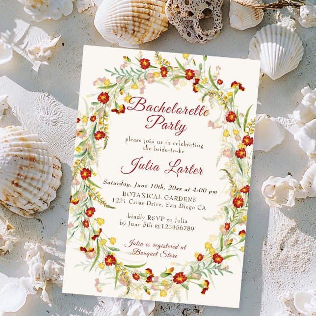 Wild Marigold Flowers Foliage Bachelorette Party Invitation (Creator Uploaded)