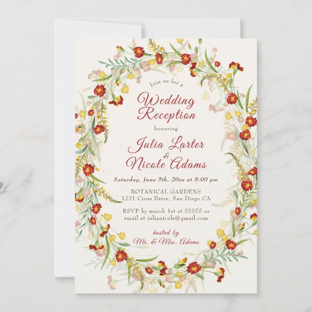 Wild Marigold Flowers Foliage Wedding Reception Invitation (Front)