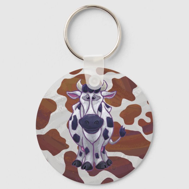 Wild me Cow Brown and White Print Key Ring (Front)