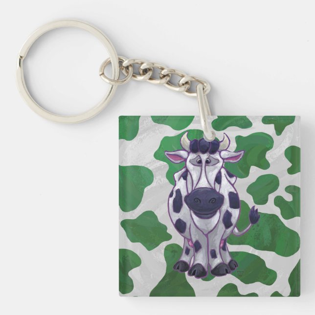 Wild Me Cow Green and White Print Key Ring (Front)