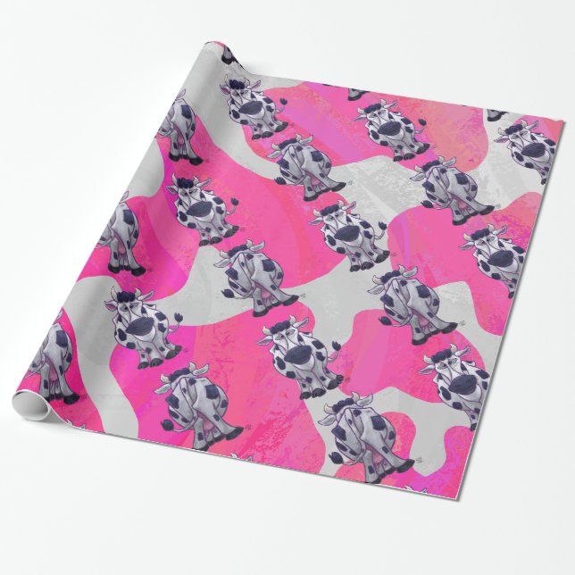 Wild Me Cow Pink and White Wrapping Paper (Unrolled)