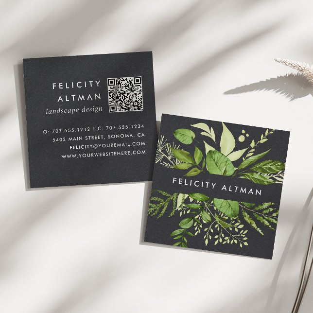 Wild Meadow | Black Botanical QR Code Square Business Card (Creator Uploaded)