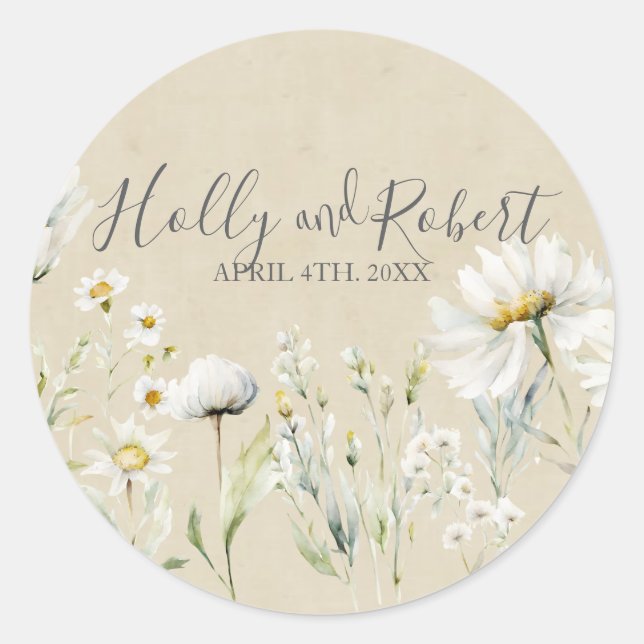 Wild Meadow Daisy Kraft Floral Wedding  Classic Round Sticker (Front)