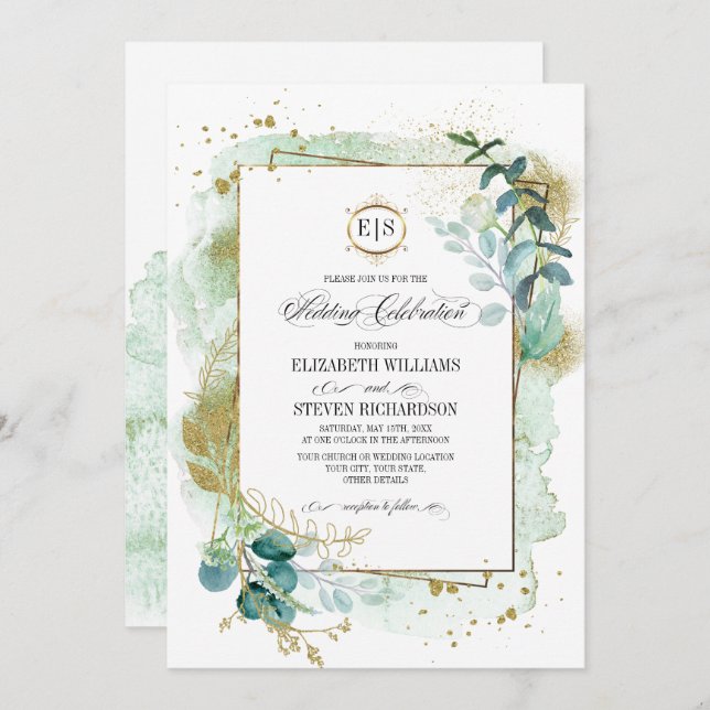Wild Meadow | Green Botanical Geometric Wedding Invitation (Front/Back)